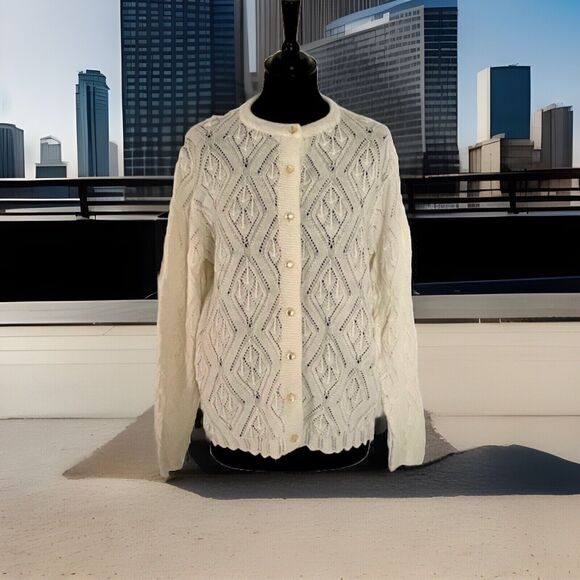 Wintuk Vintage 60s Off White Dupont Acrylic Diamond Knit Cardigan Sz S ? - Picture 1 of 4